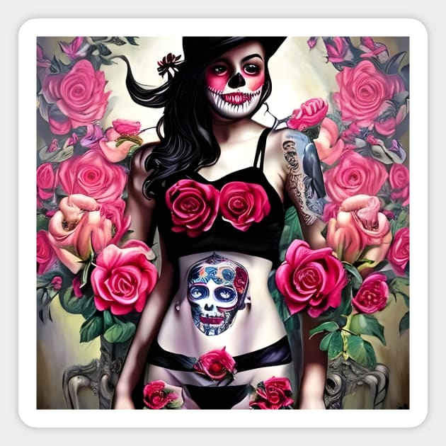 Tattooed Goth Pin Up Girl with Roses Magnet by animegirlnft